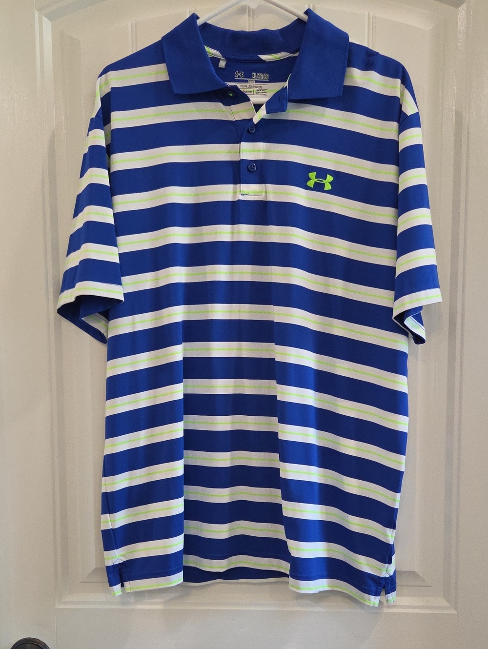 Under Armour Blue Polo with White and Lime Stripe Pattern
